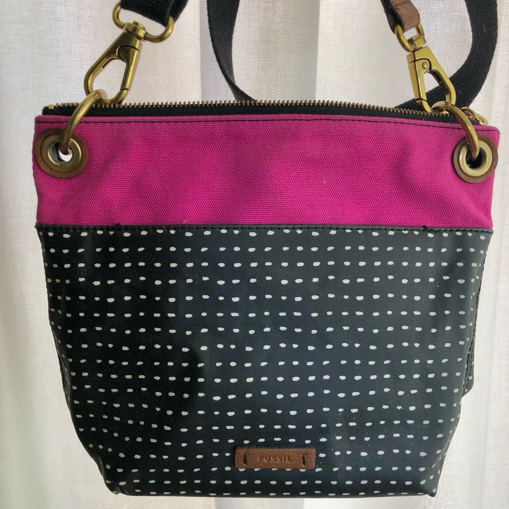Fossil large crossbody purse bag- black and white polka dots with pink canvas